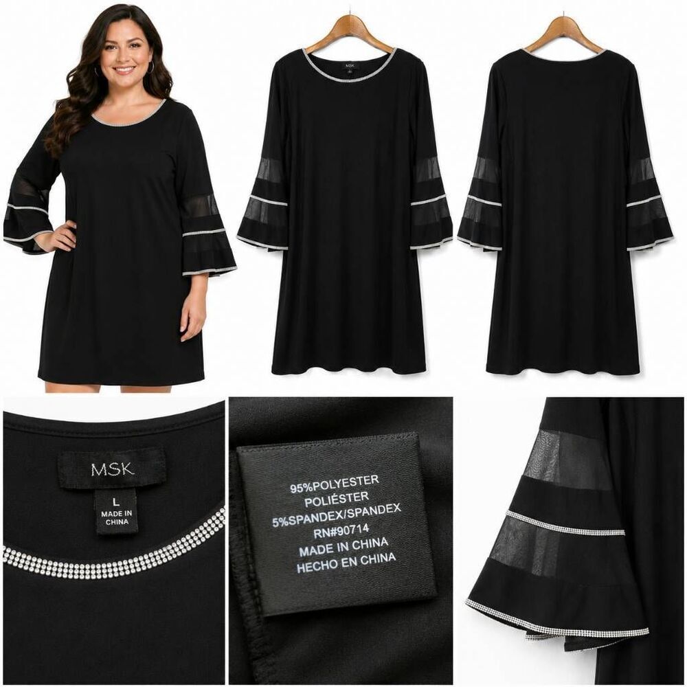 MSK Black Rhinestone Trim Bell Sleeve Dress Large